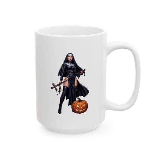 "Sexy Halloween Nun" White Ceramic Mug