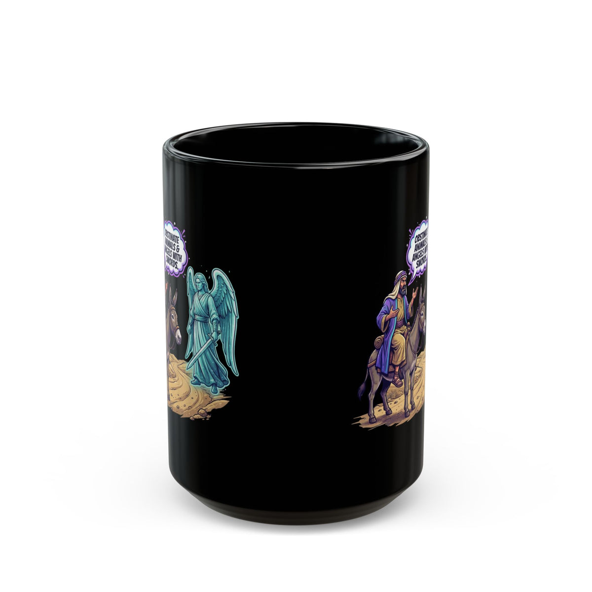 "Good Book Series Obstinate Animals & Angels With Swords" Black Ceramic Mug