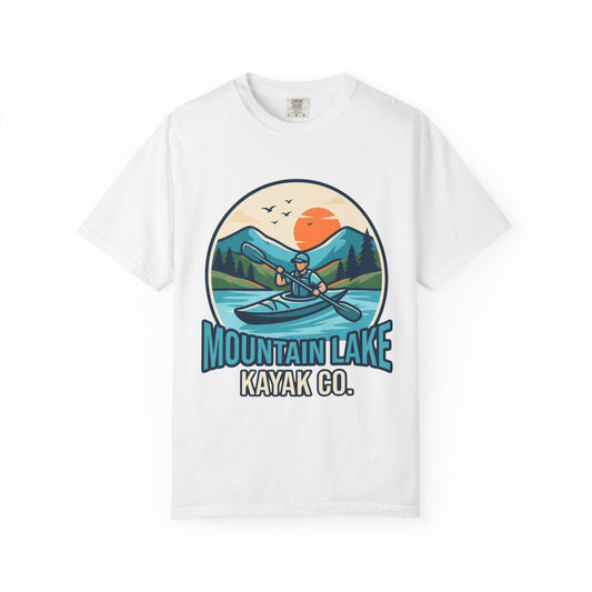 Color: White | Mountain Lake Kayak Unisex Garment-Dyed Tee