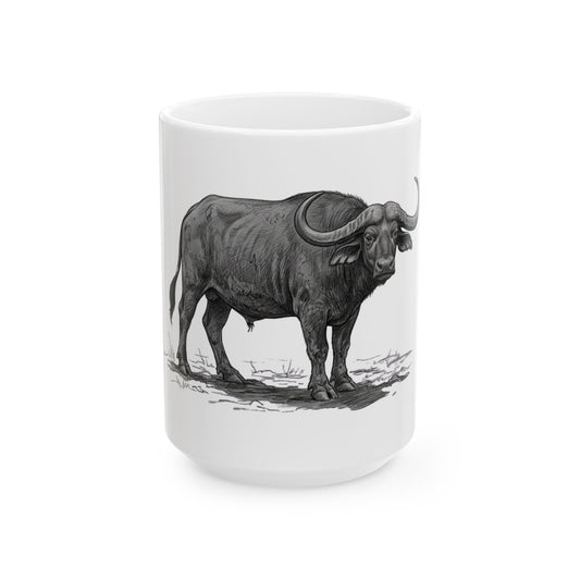 "Pencil Sketch Art Cape Buffalo" White Ceramic Mug
