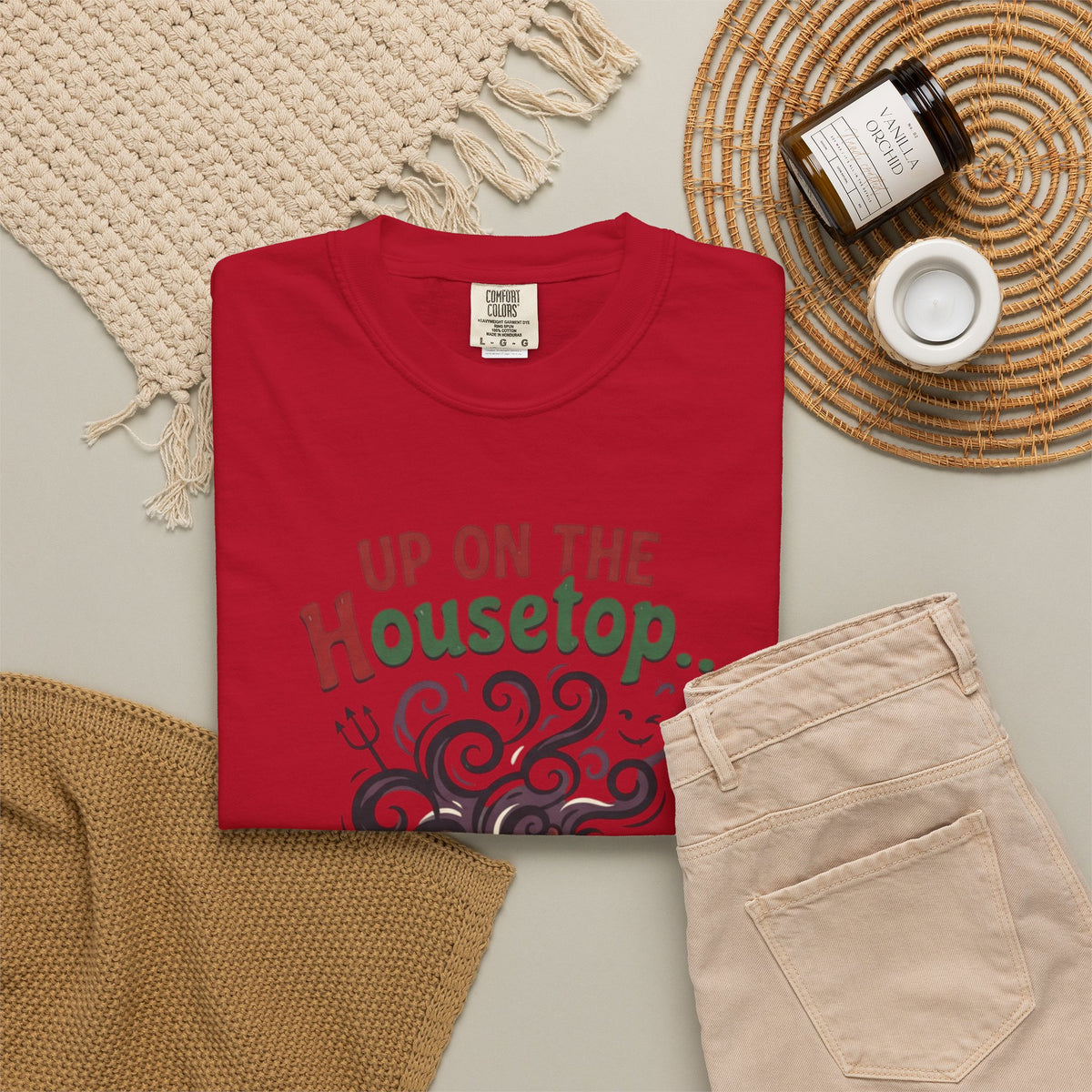 "Up On The Housetop Doing Naughty Stuff" Unisex Garment-Dyed Tee