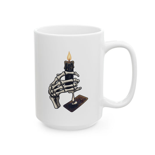 "Skeletal Hand And Tarot Card" White Ceramic Mug — Graphic