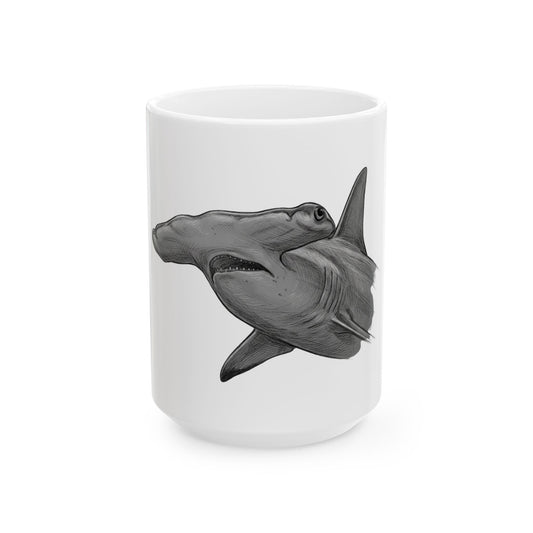 "Pencil Sketch Art Hammerhead Shark" White Ceramic Mug — Graphic