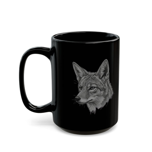 "Pencil Sketch Art Coyote" Black Ceramic Mug — Graphic