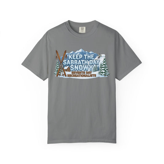 Color: Grey | Ski Sabbath: My Church Has Powder | Garment-Dyed Tee — AttitudeShirts