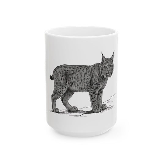"Pencil Sketch Art Lynx" White Ceramic Mug