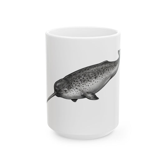 "Pencil Sketch Art Narwhal" White Ceramic Mug