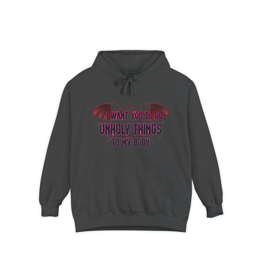 Color: Pepper | Unholy Things – Sin Responsibly | Garment-Dyed Hoodie — AttitudeShirts