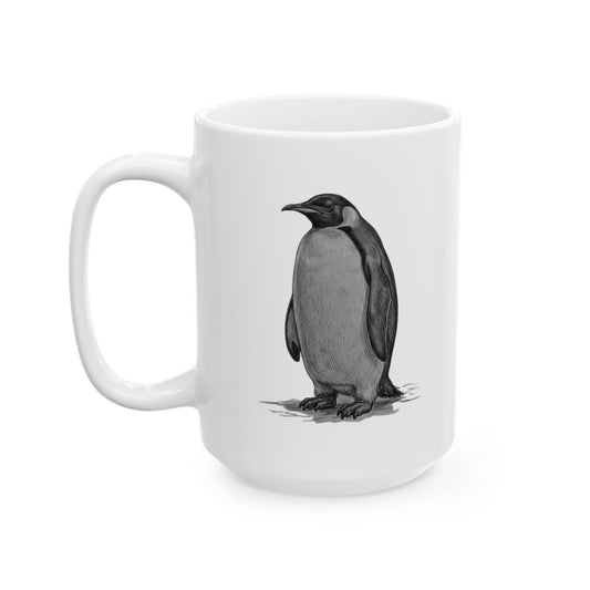 "Pencil Sketch Art Penguin" White Ceramic Mug