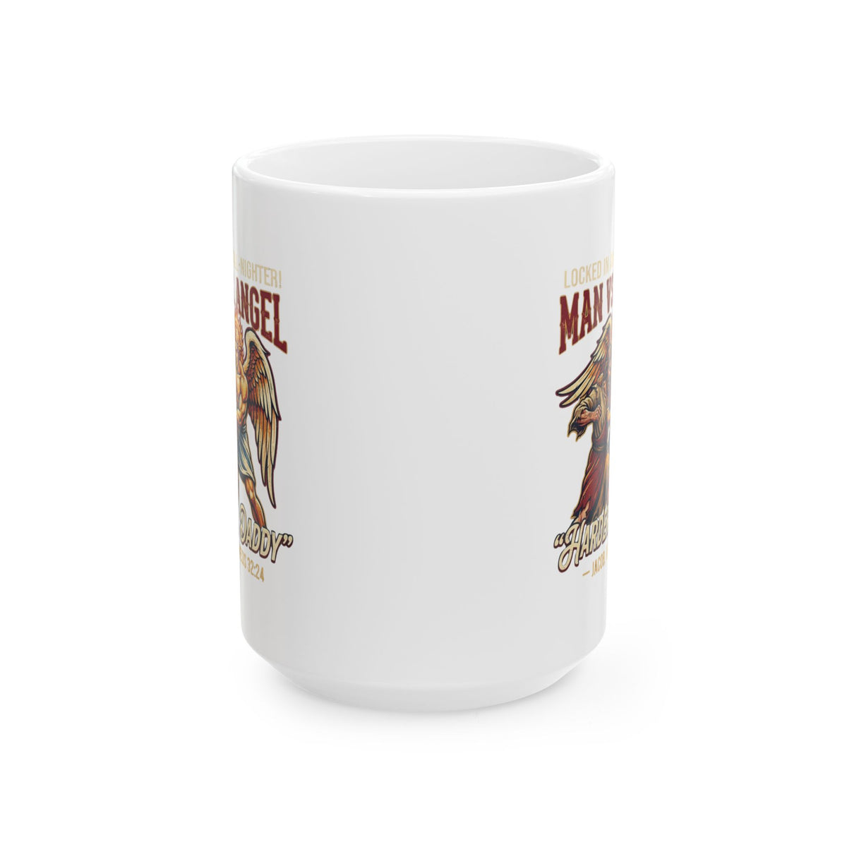 "Good Book Series Man vs Angel" White Ceramic Mug