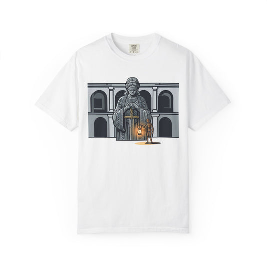 Color: White | Blind Justice Unisex Garment-Dyed Tee