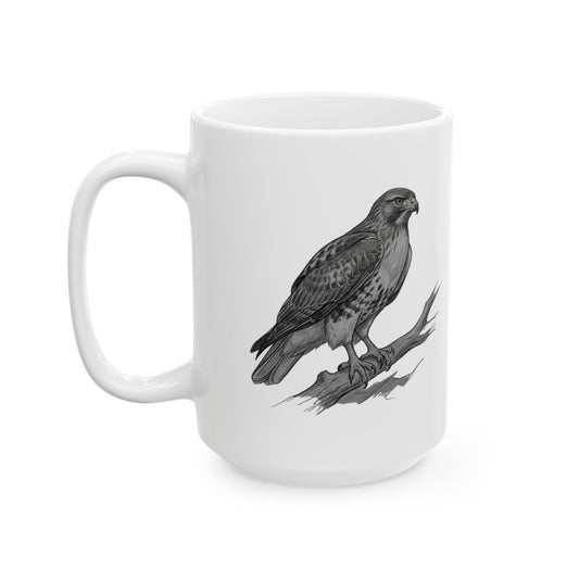 "Pencil Sketch Art Red-Tailed Hawk" White Ceramic Mug