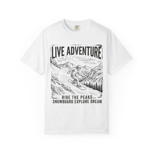 Color: White | Live Adventure - Snowboard Unisex Garment-Dyed Tee