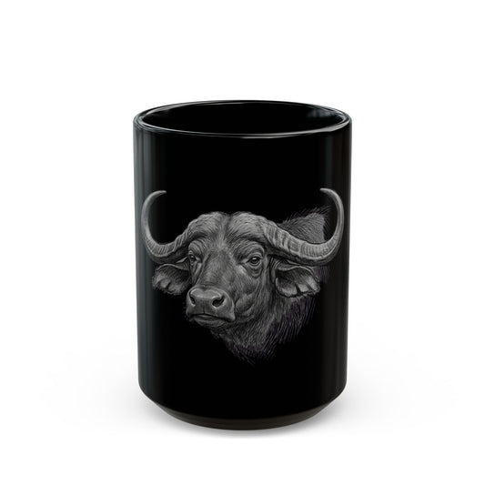 "Pencil Sketch Art Cape Buffalo" Black Ceramic Mug — Graphic