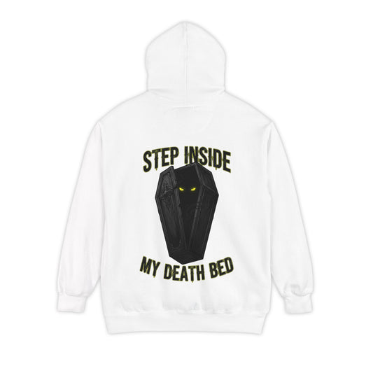 Color: White | Step Inside My Death Bed Garment-Dyed Hoodie