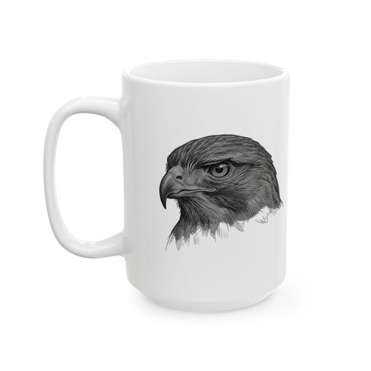 "Pencil Sketch Art Red-Tailed Hawk" White Ceramic Mug — Graphic