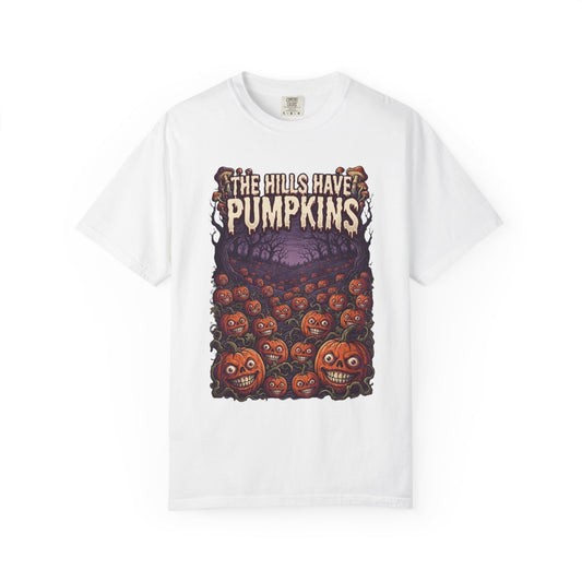 Color: White | The Hills Have Pumpkins Unisex Garment-Dyed Tee