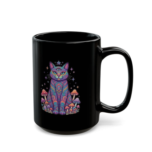 "Hippy Cat" Black Ceramic Mug
