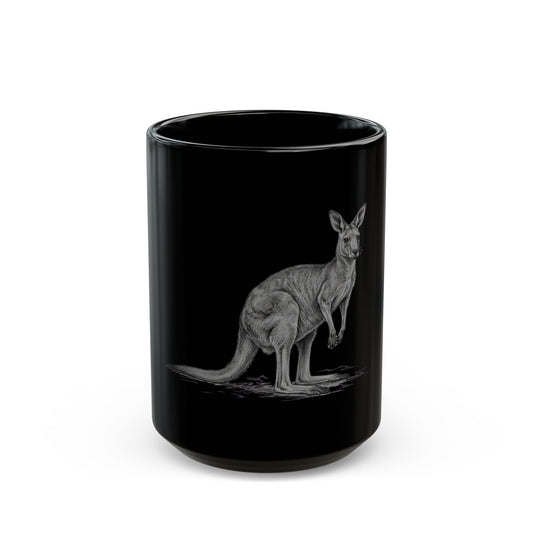 "Pencil Sketch Art Kangaroo" Black Ceramic Mug