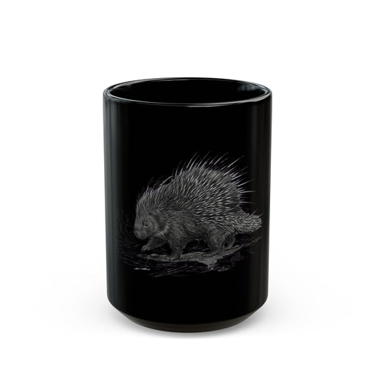 "Pencil Sketch Art Porcupine" Black Ceramic Mug