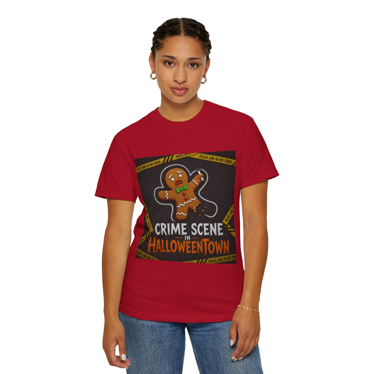 Color: Red | Crime Scene in Halloweentown Unisex Garment-Dyed Tee