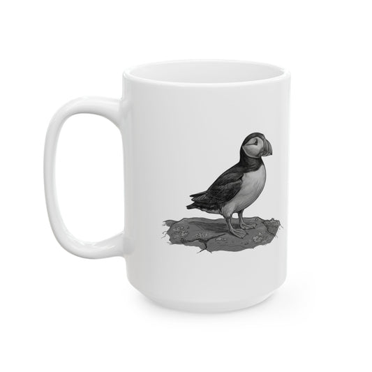 "Pencil Sketch Art Puffin" White Ceramic Mug