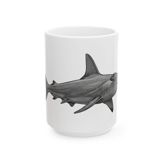 "Pencil Sketch Art Hammerhead Shark" White Ceramic Mug