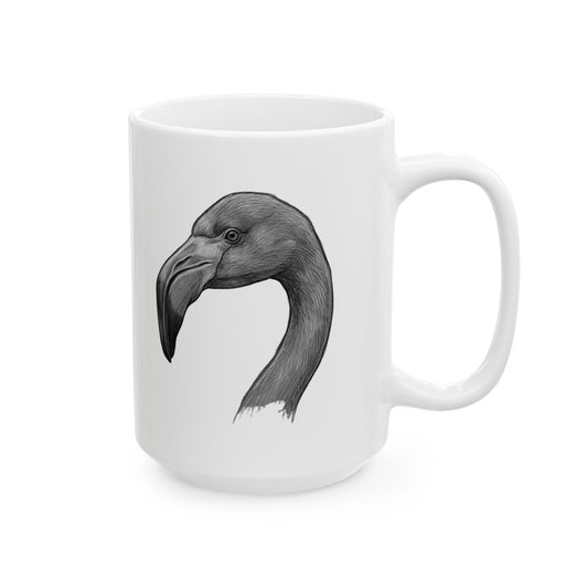 "Pencil Sketch Art Flamingo" White Ceramic Mug — Graphic