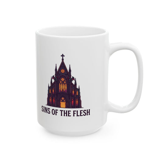 "Sins of The Flesh Group Rates" White Ceramic Mug — Graphic