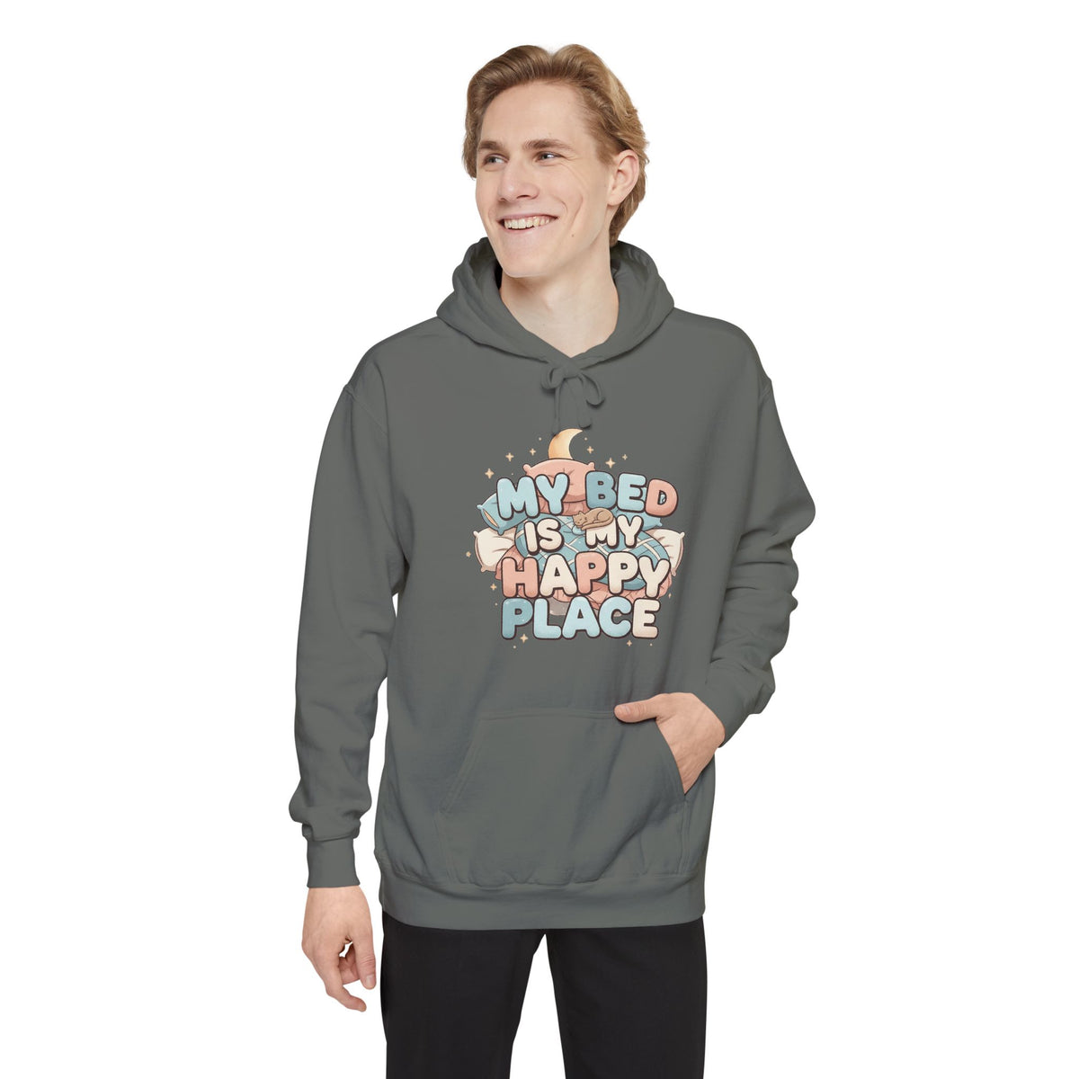 Color: Grey | Bed > People: A Love Story | Garment-Dyed Hoodie — AttitudeShirts