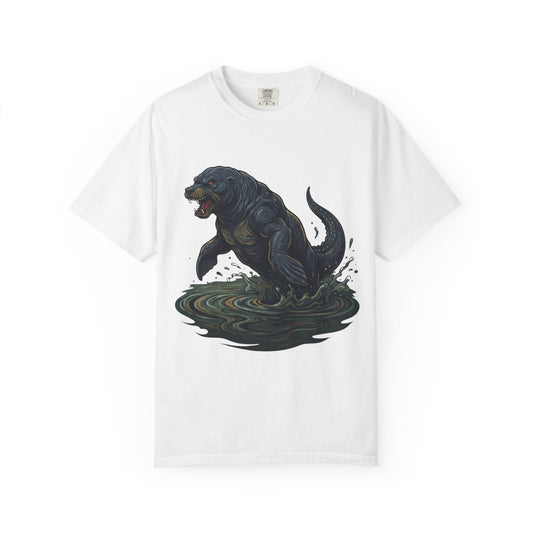 Color: White | Bunyip (Australian Aboriginal Mythology) Unisex Garment-Dyed Tee