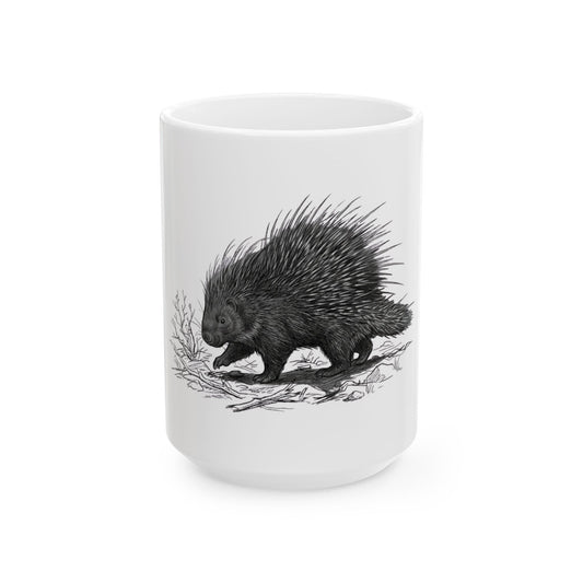 "Pencil Sketch Art Porcupine" White Ceramic Mug