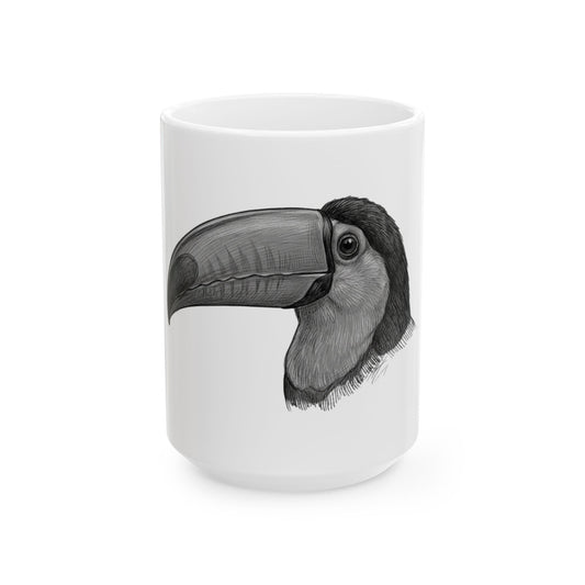 "Pencil Sketch Art Toucan" White Ceramic Mug — Graphic