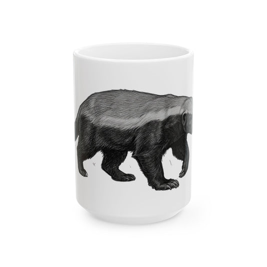 "Pencil Sketch Art Honey Badger" White Ceramic Mug