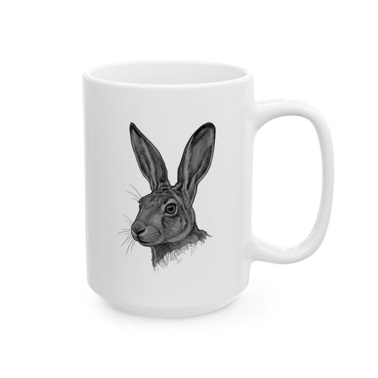 "Pencil Sketch Art Jack Rabbit" White Ceramic Mug — Graphic