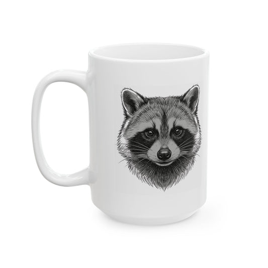 "Pencil Sketch Art Raccoon" White Ceramic Mug — Graphic
