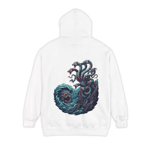 Color: White | Charybdis and Scylla (Greek Mythology) Garment-Dyed Hoodie