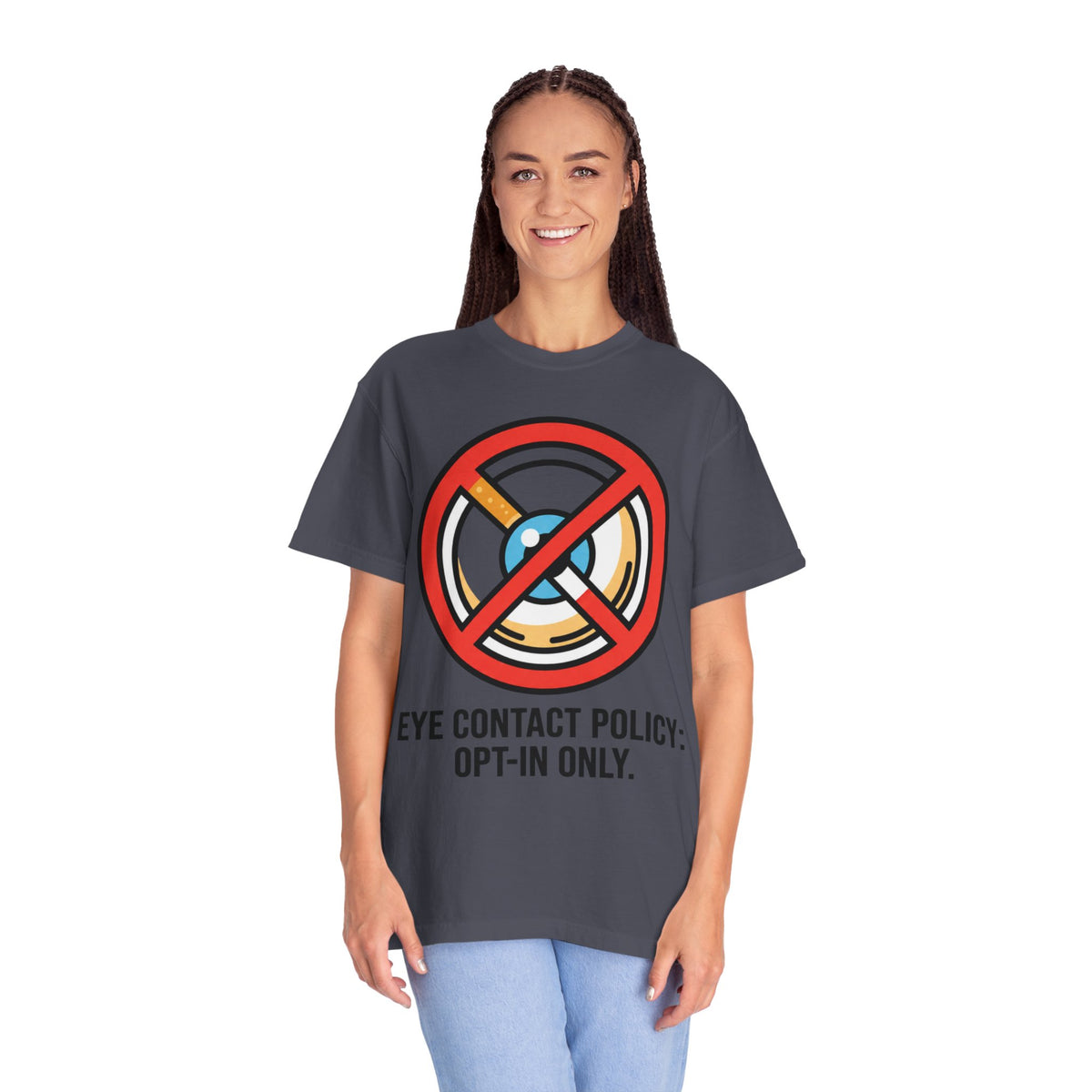 Color: Navy | Eye Contact Policy Unisex Garment-Dyed Tee