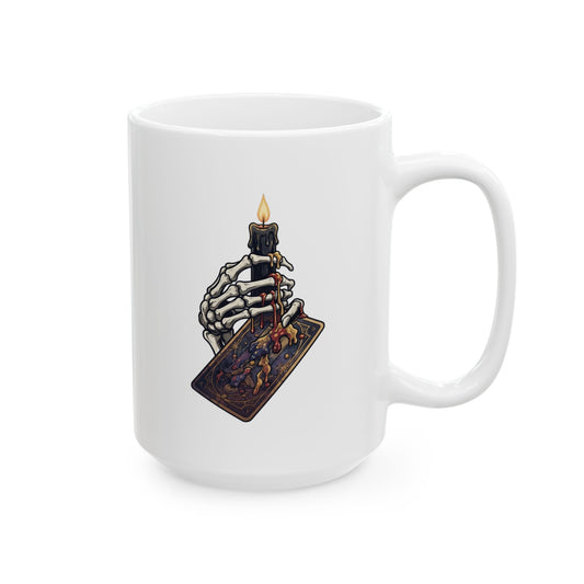 "Skeletal Hand And Tarot Card" White Ceramic Mug