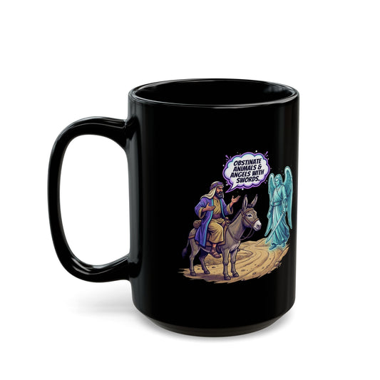 "Good Book Series Obstinate Animals & Angels With Swords" Black Ceramic Mug
