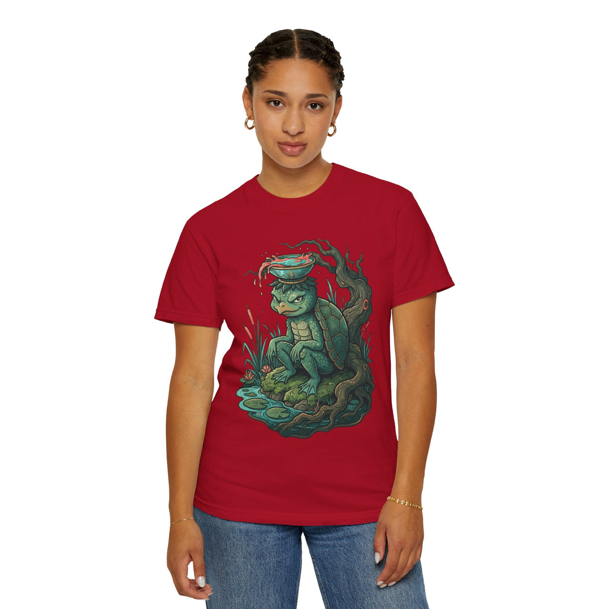 Color: Red | Kappa (Japanese Folklore) Unisex Garment-Dyed Tee