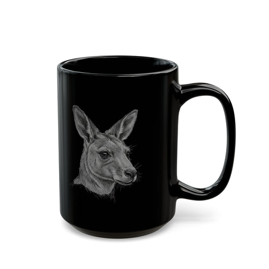 "Pencil Sketch Art Kangaroo" Black Ceramic Mug — Graphic