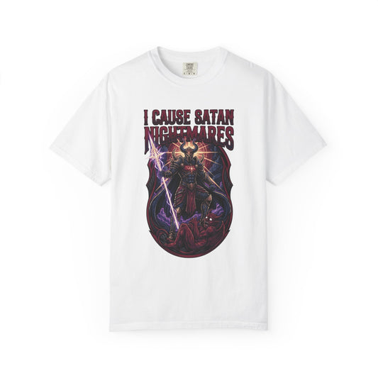 Color: White | I Cause Satan Nightmares Unisex Garment-Dyed Tee