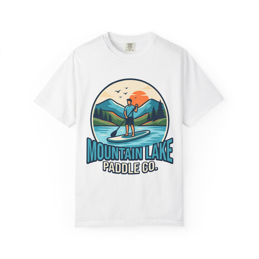 Color: White | Mountain Lake Paddle Board Unisex Garment-Dyed Tee