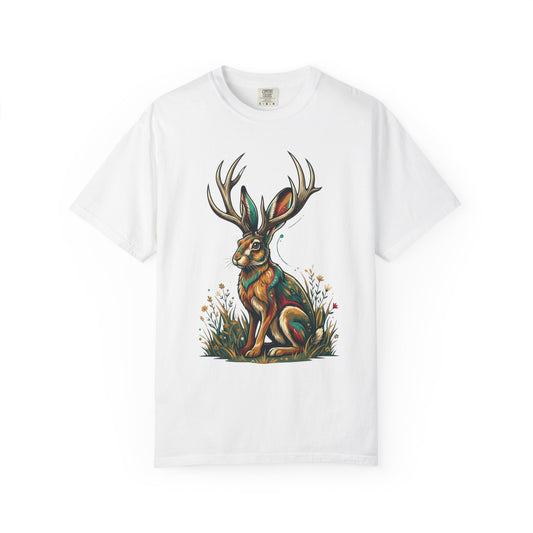 Color: White | Jackalope (American Folklore) Unisex Garment-Dyed Tee
