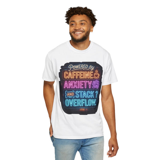 Color: White | Caffeine Anxiety And Stack Overflow Unisex Garment-Dyed Tee