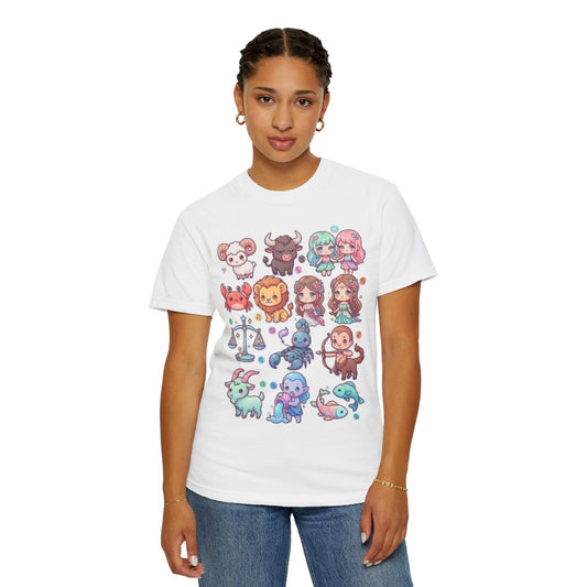 Color: White | Cute Chibi Zodiac Unisex Garment-Dyed Tee