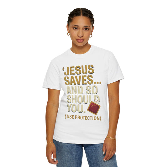 Color: White | Good Book Series Jesus Saves and So Should You Unisex Garment-Dyed Tee