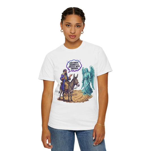 Color: White | Good Book Series Obstinate Animals & Angels With Swords Unisex Garment-Dyed Tee