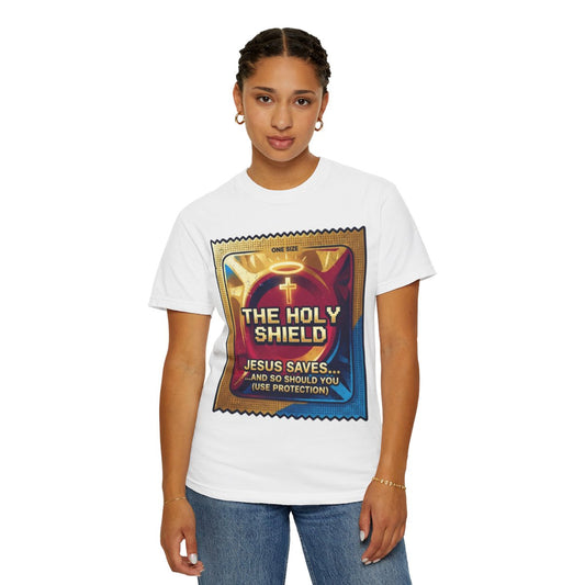 Color: White | Good Book Series The Holy Shield Unisex Garment-Dyed Tee